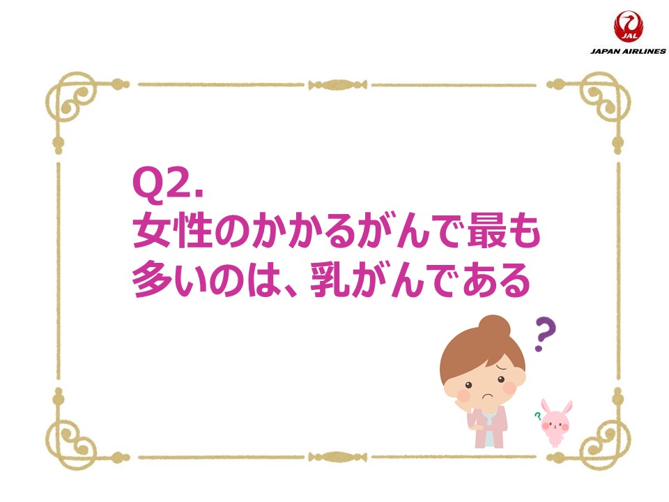 Q2. 女性のかかるがんで最も多いのは、乳がんである